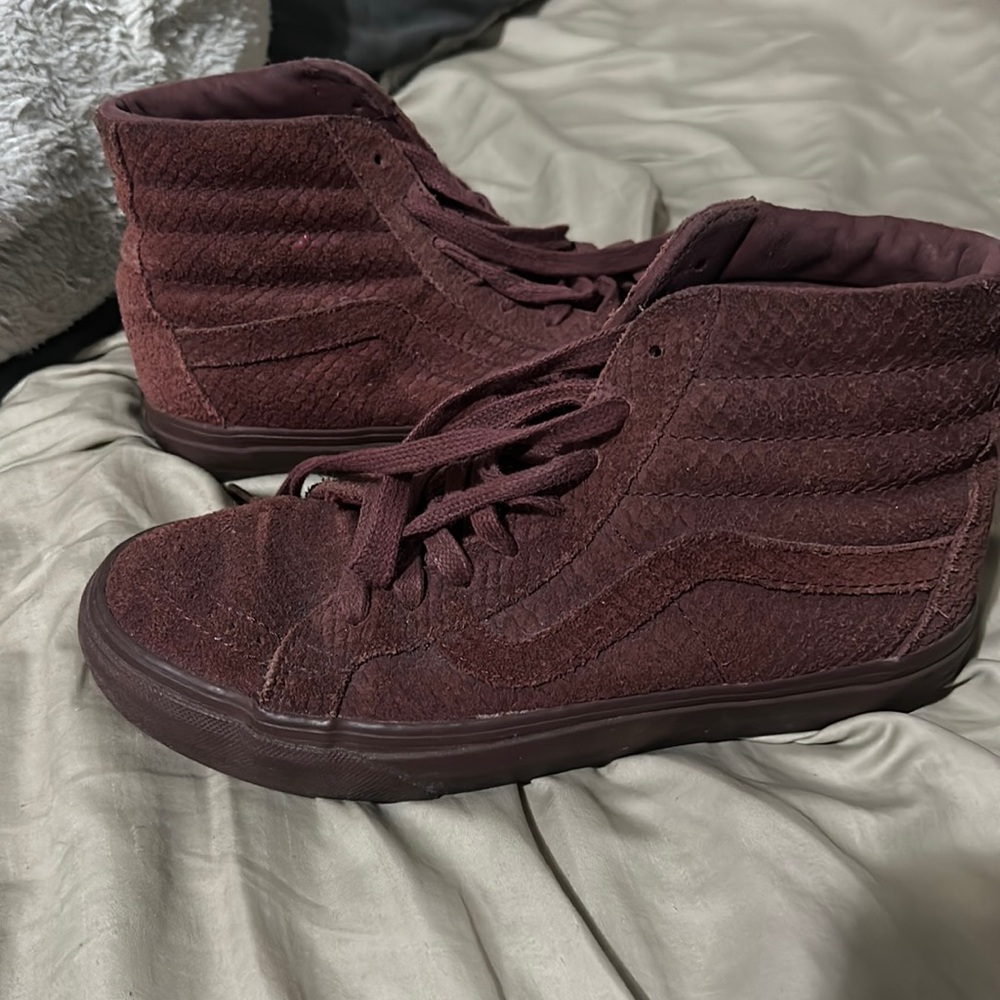 Unique maroon vans high tops. Unfinished suede/leather, snake skin look